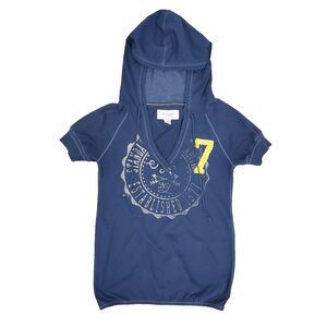 Vintage 00s Y2K American Eagle Graphic Hooded Top Vneck XS Blue Preppy